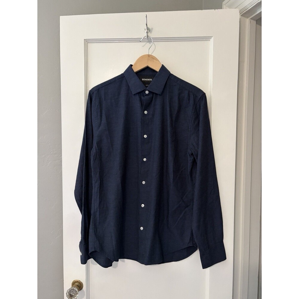 Bonobos EUC Slim Fit Mens Button Up Shirt Medium M Navy Blue Herringbone Cotton